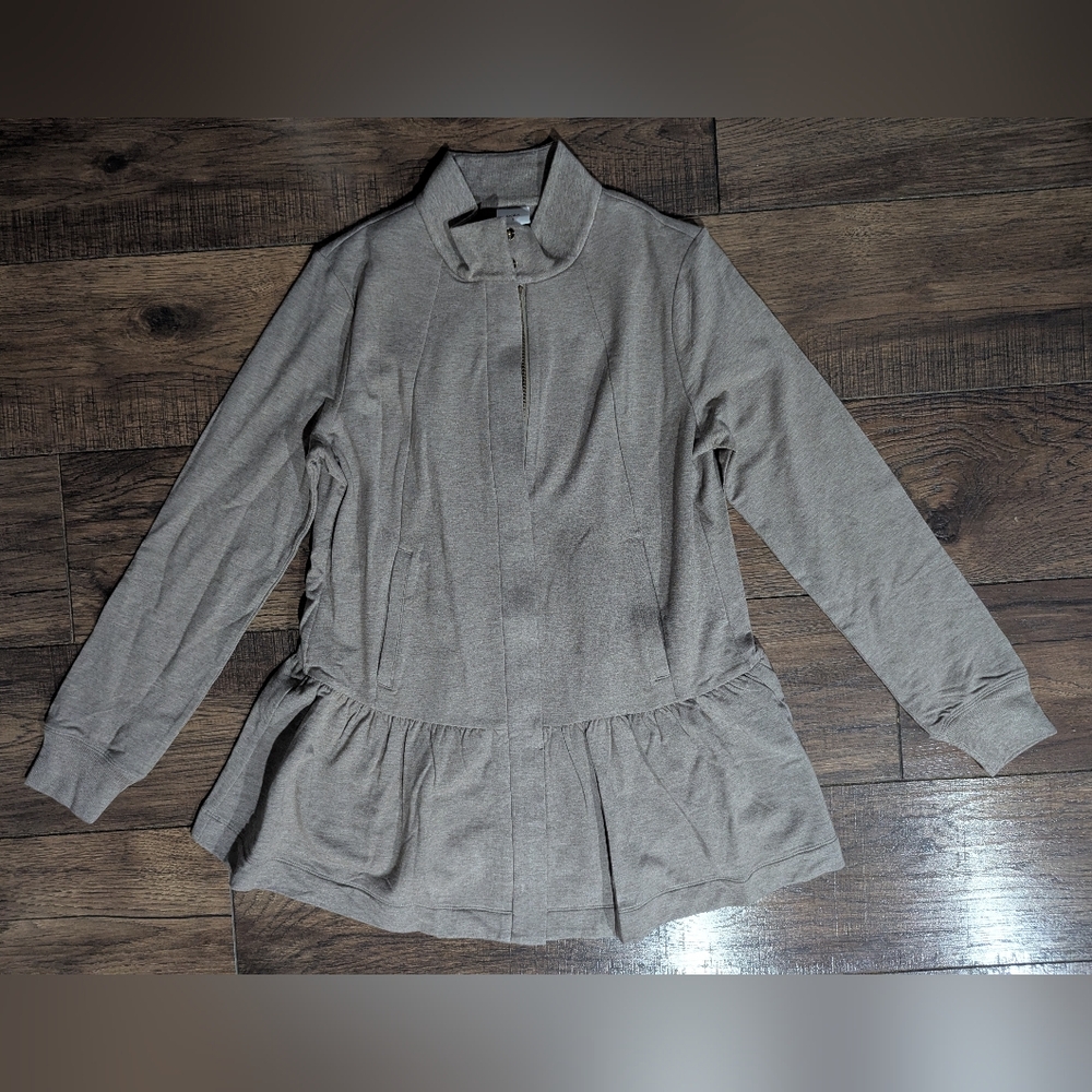 Cabi Weekend Topper Jacket Womens Small S Heather Taupe  Peplum Full Zip Stretch